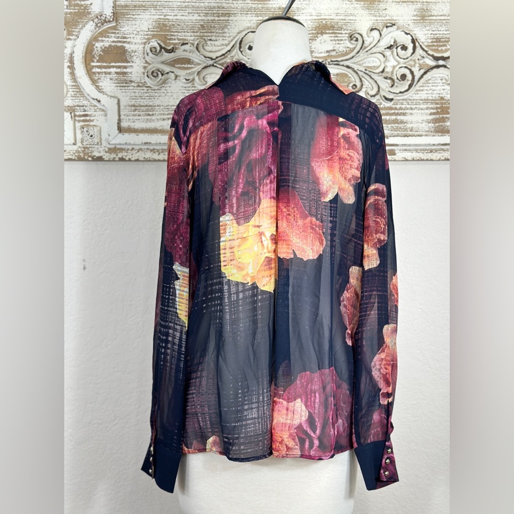 Robert Rogriguez floral sheer dark‎ blue chiffon blouse size Large - Picture 2 of 8
